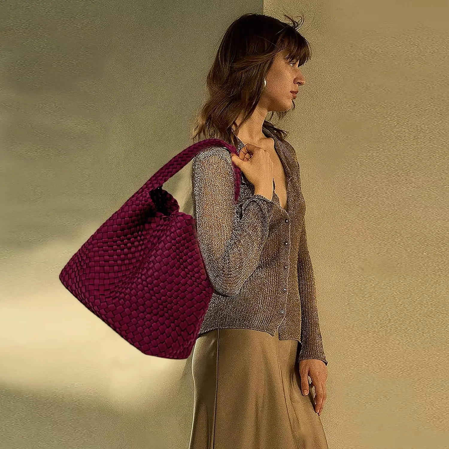 JINMANXUE Woven Purse for Women, Neoprene Top-handle Shoulder Bag, Hobo Tote, Travel Handbag, Wrist Bag For Work Shopping