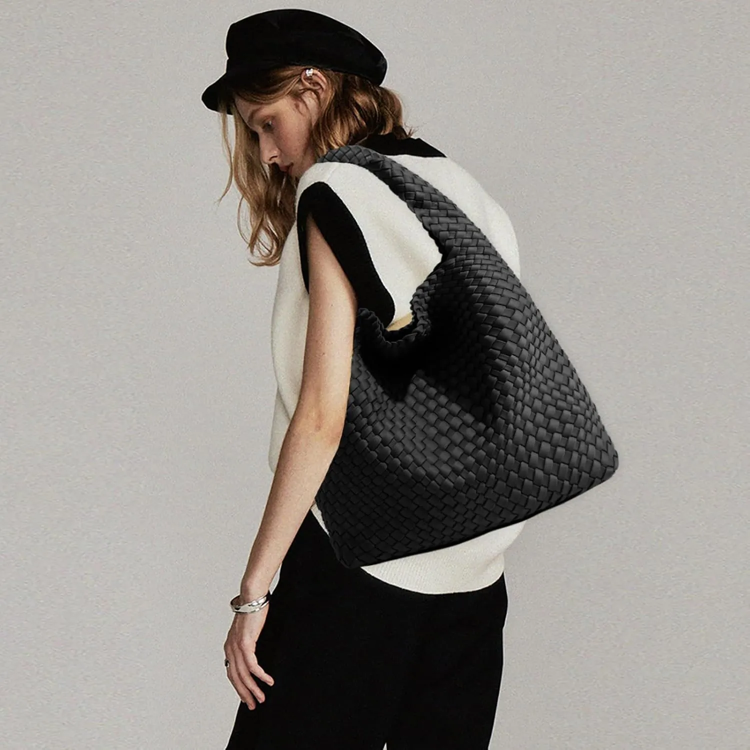 JINMANXUE Woven Purse for Women, Neoprene Top-handle Shoulder Bag, Hobo Tote, Travel Handbag, Wrist Bag For Work Shopping