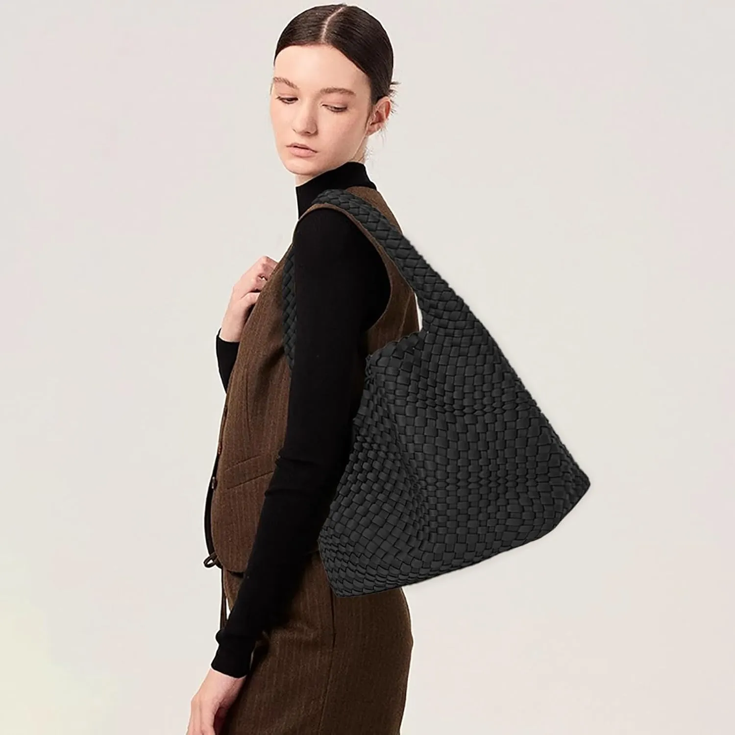 JINMANXUE Woven Purse for Women, Neoprene Top-handle Shoulder Bag, Hobo Tote, Travel Handbag, Wrist Bag For Work Shopping