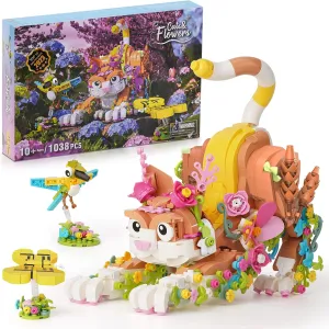 JOJO&Peach Cat and Flower Building Toy Set for Girls, Animals Plant Model Ideas Birthday for Women Adults Teens Age 8 9 10 11 12  (1038 Pieces)