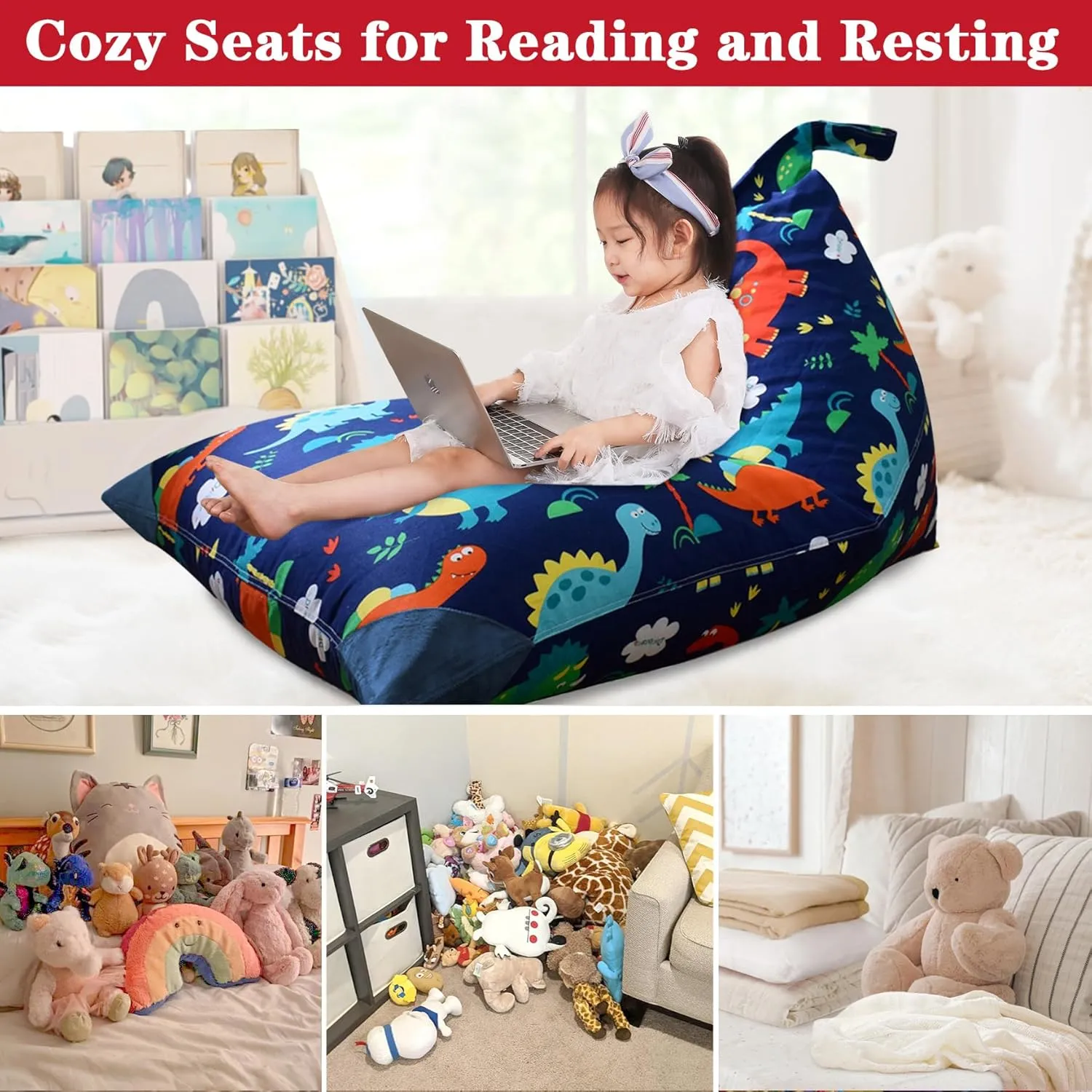 Jorbest Stuffed Animal Storage Bean Bag Chair Cover for Kids Adults, Dinosaur Stuffed Animal Bean Bag Storage, Dinosaur Storage Bag - Cover ONLY(200 L/52 Gal)