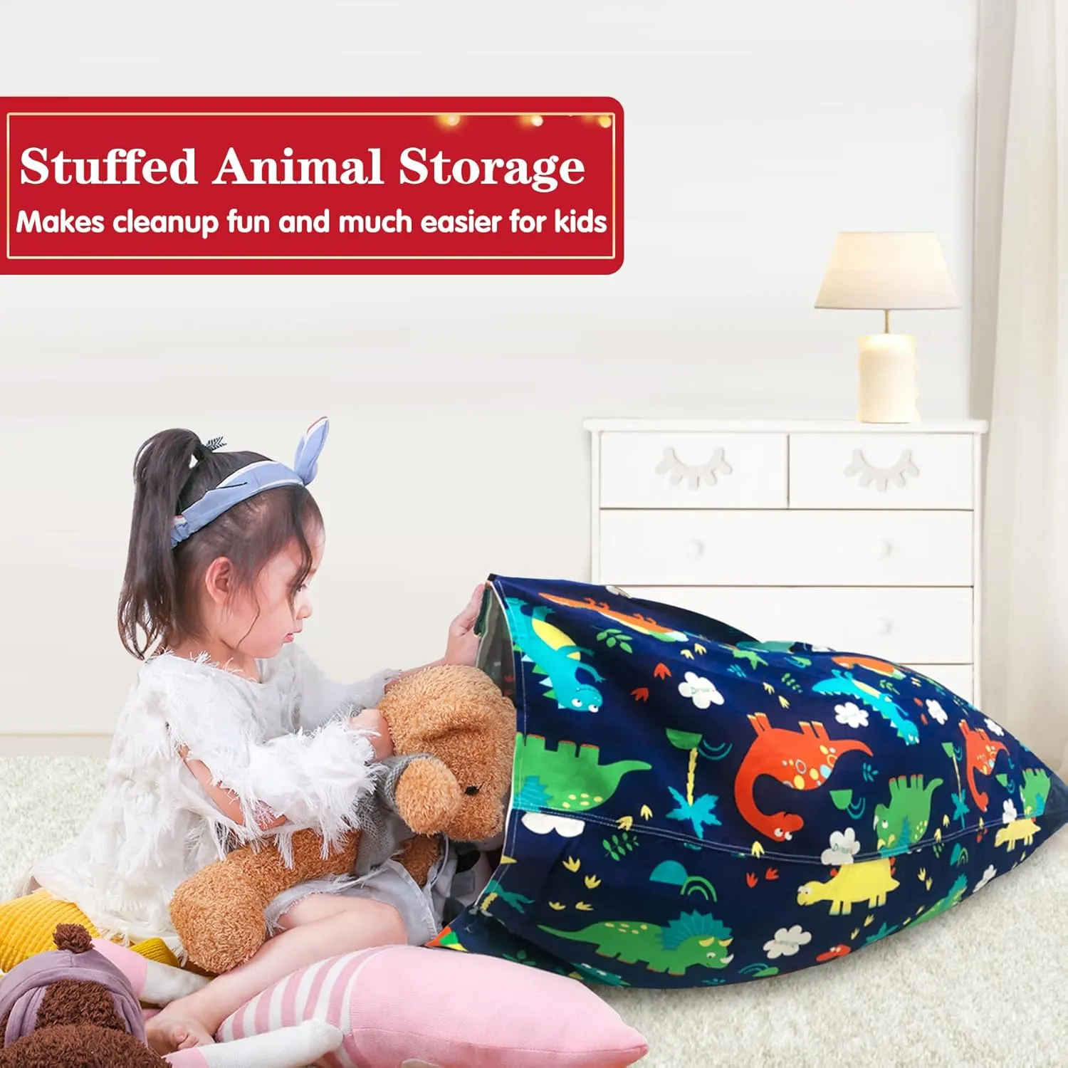 Jorbest Stuffed Animal Storage Bean Bag Chair Cover for Kids Adults, Dinosaur Stuffed Animal Bean Bag Storage, Dinosaur Storage Bag - Cover ONLY(200 L/52 Gal)