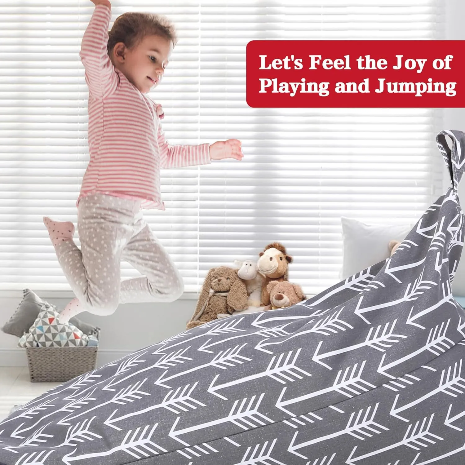 Jorbest Stuffed Animal Storage Bean Bag Chair for Kids and Adults, Stuffed Animal Bean Bag, Premium Canvas Stuffie Seat - COVER ONLY (Grey with White Arrows 200 L/52 Gal)