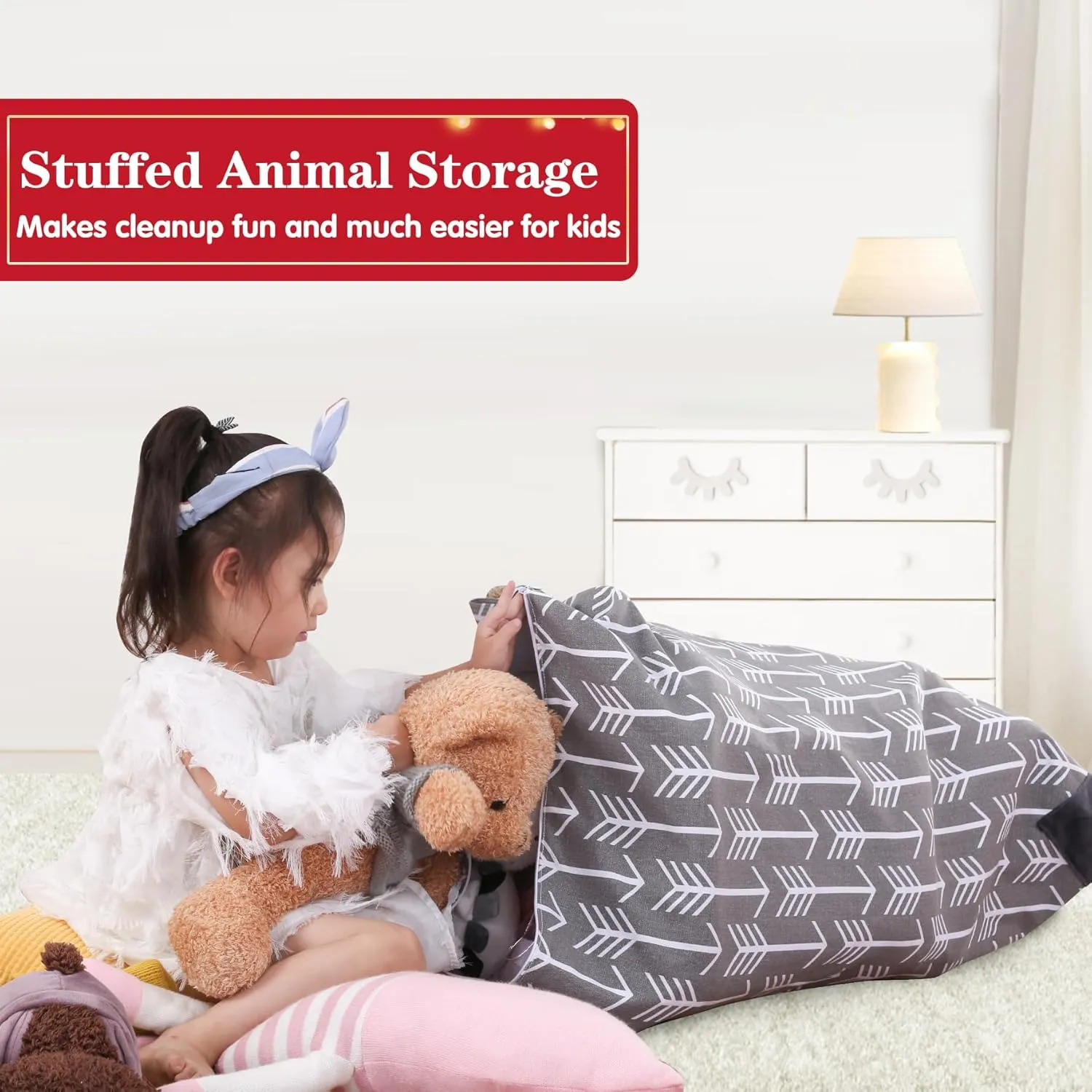 Jorbest Stuffed Animal Storage Bean Bag Chair for Kids and Adults, Stuffed Animal Bean Bag, Premium Canvas Stuffie Seat - COVER ONLY (Grey with White Arrows 200 L/52 Gal)