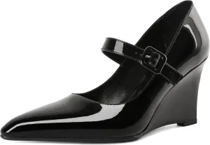 Joseywade Womens Mary Jane Heels Wedge Pumps Closed Toe High Heels Adjustable Ankle Strap Shoes