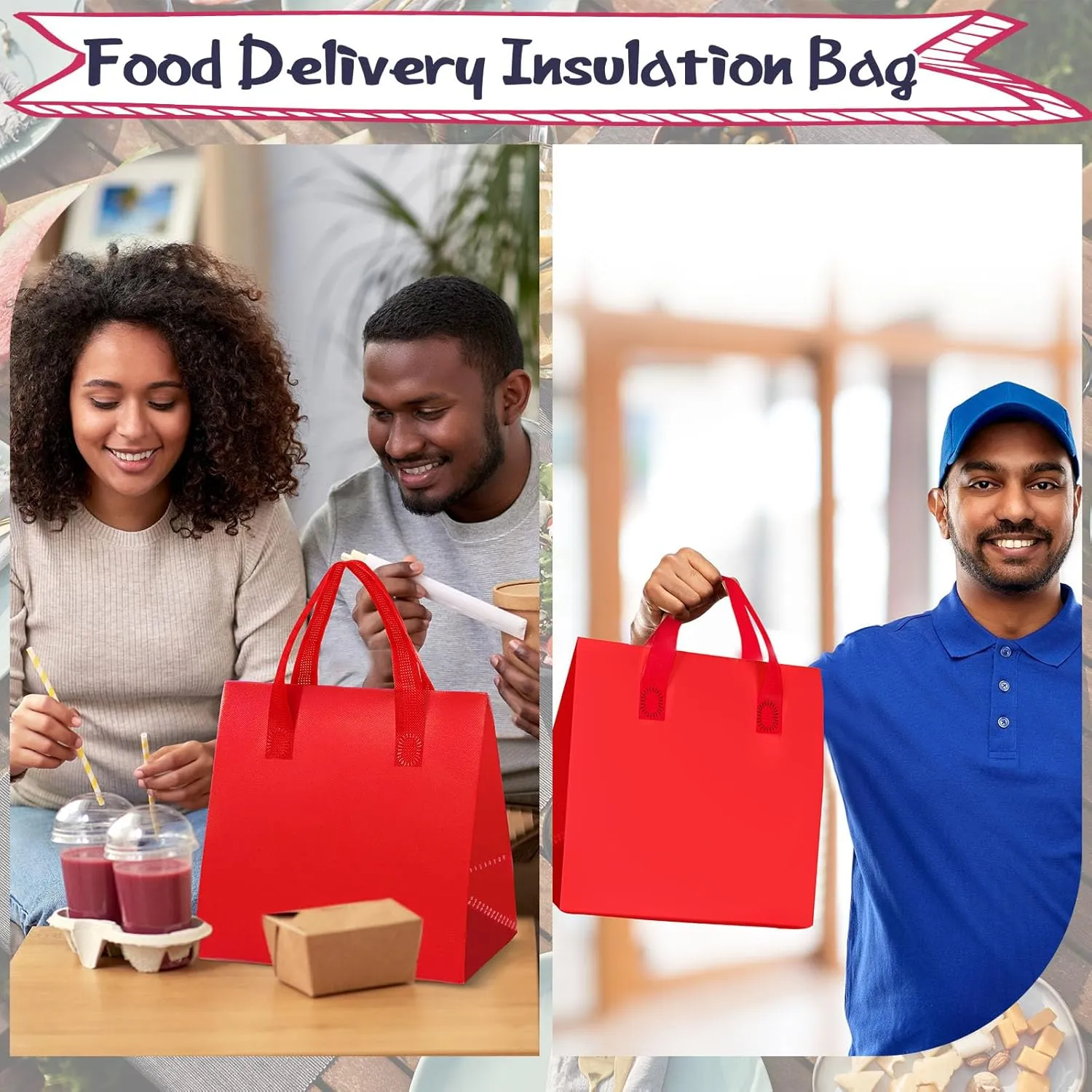 Kacctyen 100 Pcs Insulated Take Out Bags Bulk 9.5 x 6 x 9.5 in Thermal Insulation Food Bag for Coffee, Milk Tea, Hot Cold Food, Delivery Cooler Bag for Catering Restaurant Grocery Picnic (Red)