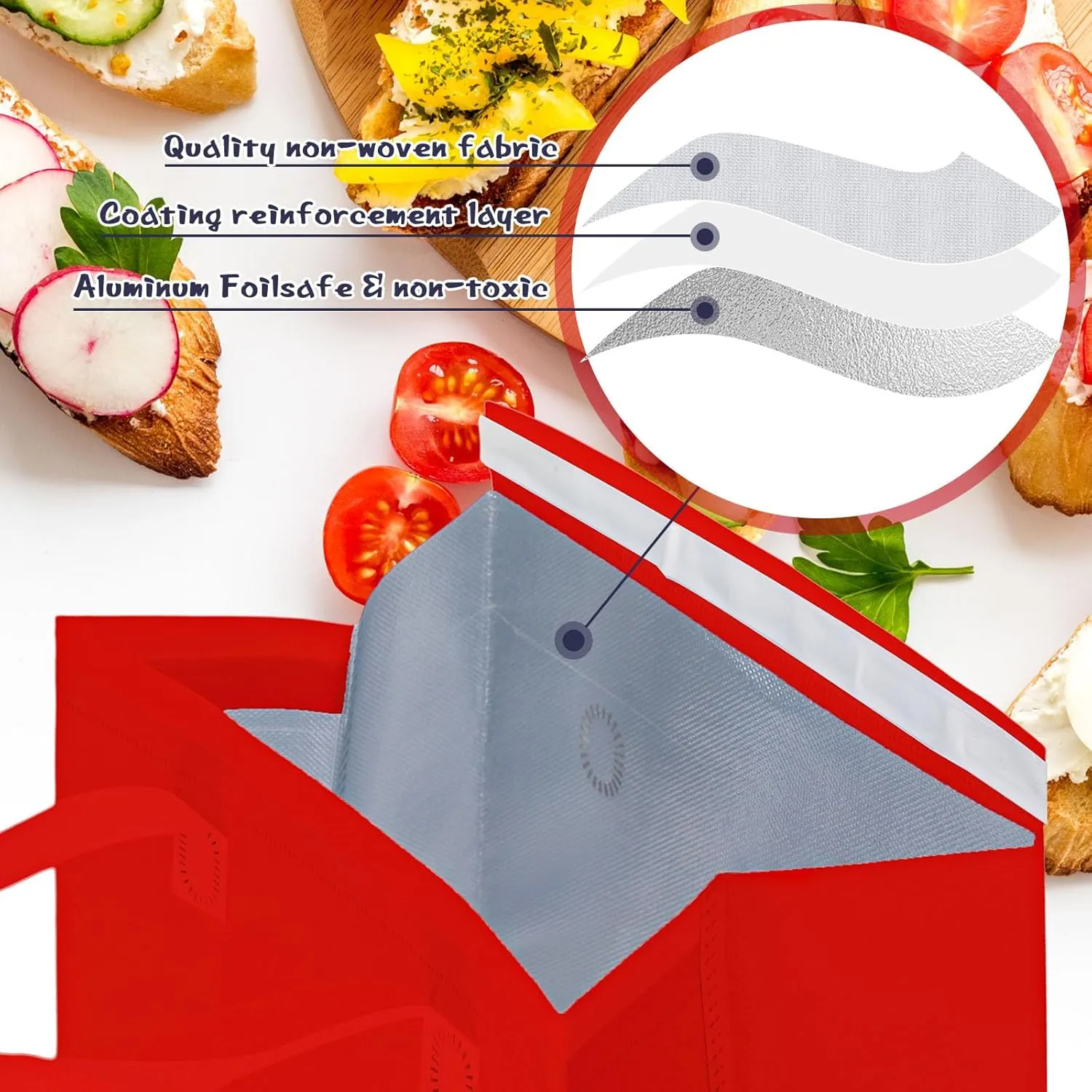 Kacctyen 100 Pcs Insulated Take Out Bags Bulk 9.5 x 6 x 9.5 in Thermal Insulation Food Bag for Coffee, Milk Tea, Hot Cold Food, Delivery Cooler Bag for Catering Restaurant Grocery Picnic (Red)