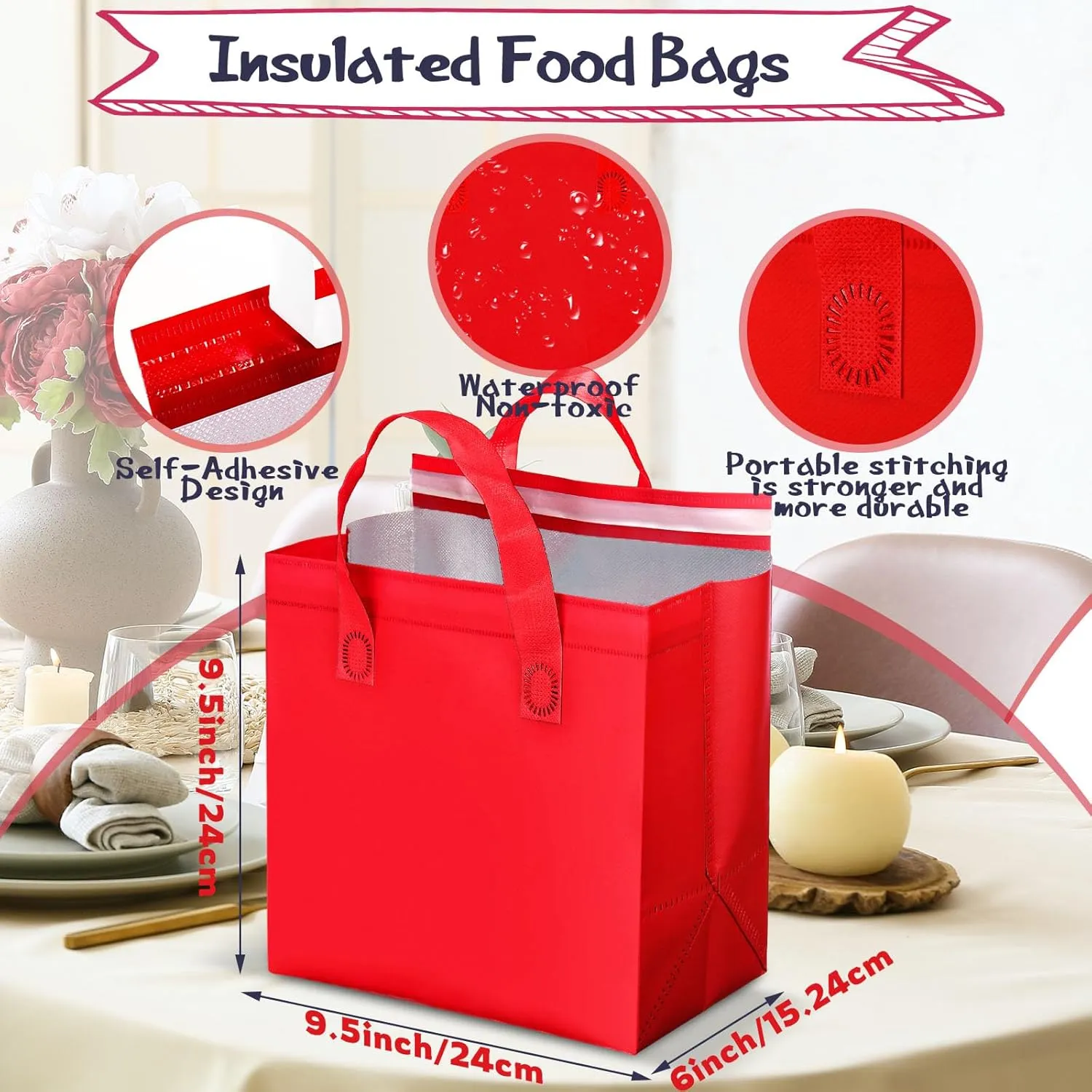 Kacctyen 100 Pcs Insulated Take Out Bags Bulk 9.5 x 6 x 9.5 in Thermal Insulation Food Bag for Coffee, Milk Tea, Hot Cold Food, Delivery Cooler Bag for Catering Restaurant Grocery Picnic (Red)