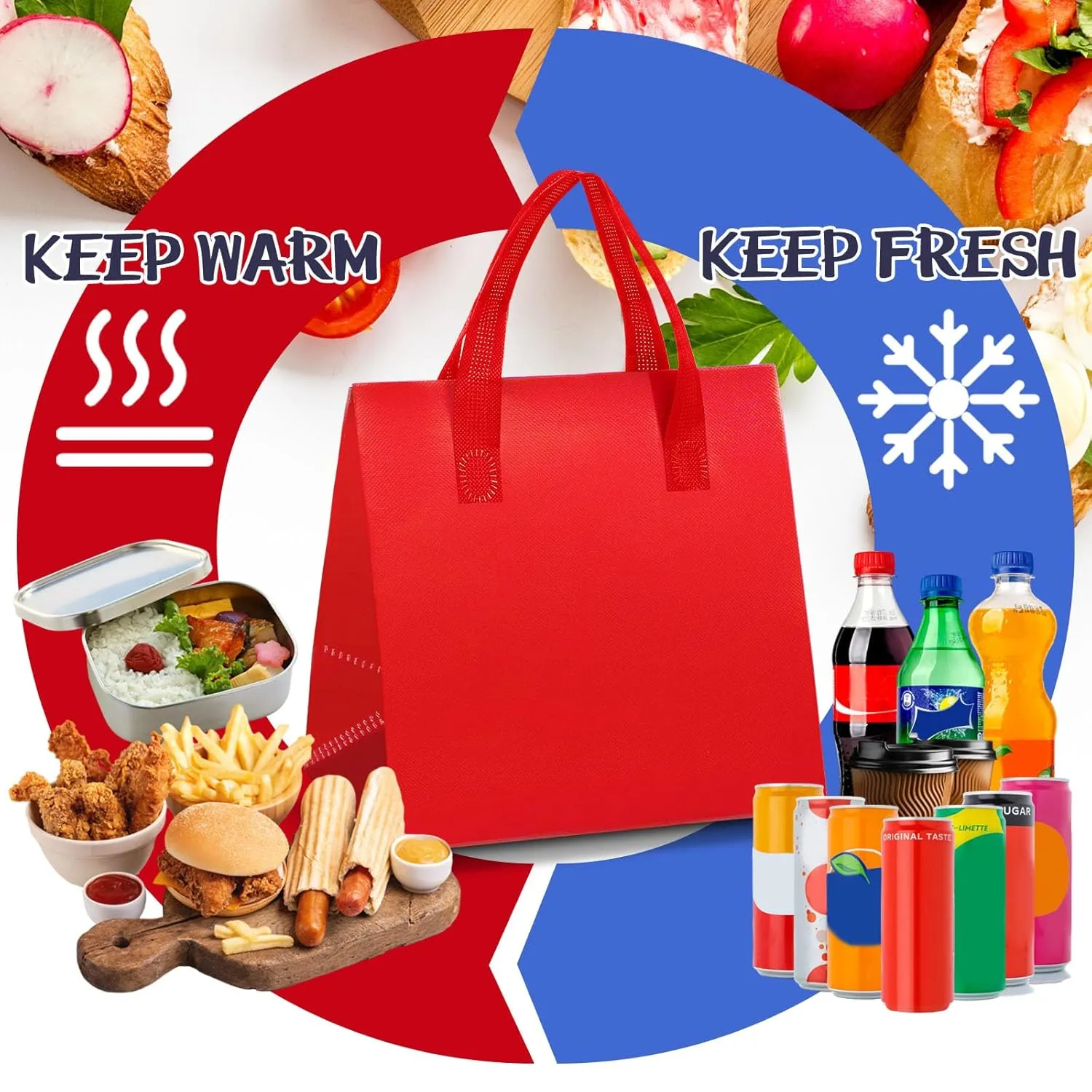 Kacctyen 100 Pcs Insulated Take Out Bags Bulk 9.5 x 6 x 9.5 in Thermal Insulation Food Bag for Coffee, Milk Tea, Hot Cold Food, Delivery Cooler Bag for Catering Restaurant Grocery Picnic (Red)