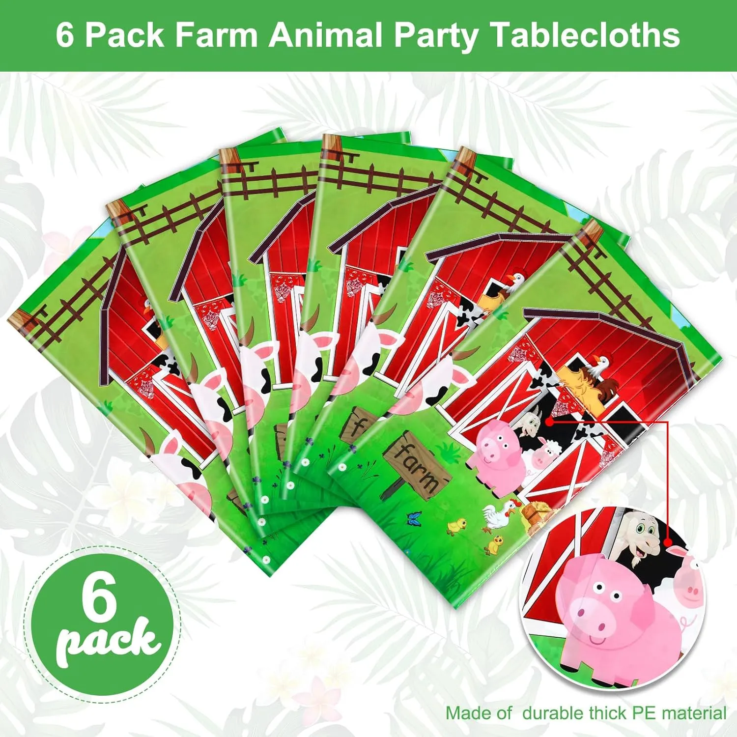 Kasyat Farm Animals Party Tablecloth Farmhouse Disposable Plastic Table Cover Barnyard Farm Animal Theme Party Decoration for Picnics Baby Shower Boys Girls Birthday Supplies, 108" x 54"(Red,6 Pieces)