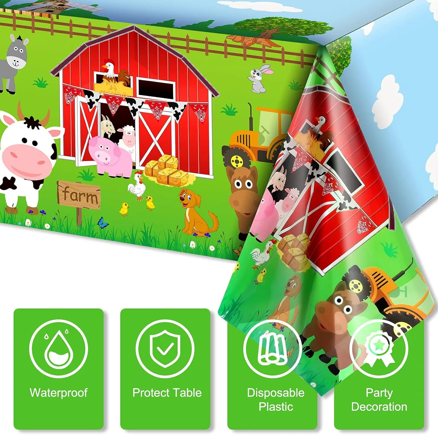 Kasyat Farm Animals Party Tablecloth Farmhouse Disposable Plastic Table Cover Barnyard Farm Animal Theme Party Decoration for Picnics Baby Shower Boys Girls Birthday Supplies, 108" x 54"(Red,6 Pieces)