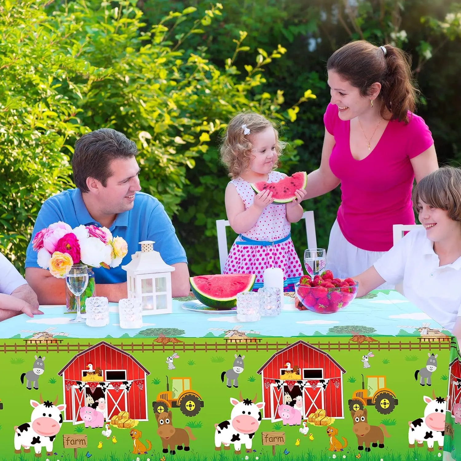 Kasyat Farm Animals Party Tablecloth Farmhouse Disposable Plastic Table Cover Barnyard Farm Animal Theme Party Decoration for Picnics Baby Shower Boys Girls Birthday Supplies, 108" x 54"(Red,6 Pieces)