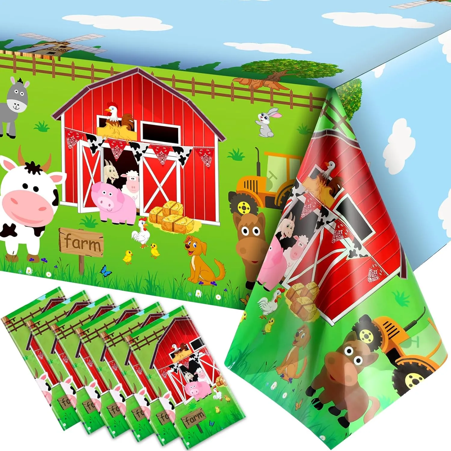 Kasyat Farm Animals Party Tablecloth Farmhouse Disposable Plastic Table Cover Barnyard Farm Animal Theme Party Decoration for Picnics Baby Shower Boys Girls Birthday Supplies, 108" x 54"(Red,6 Pieces)