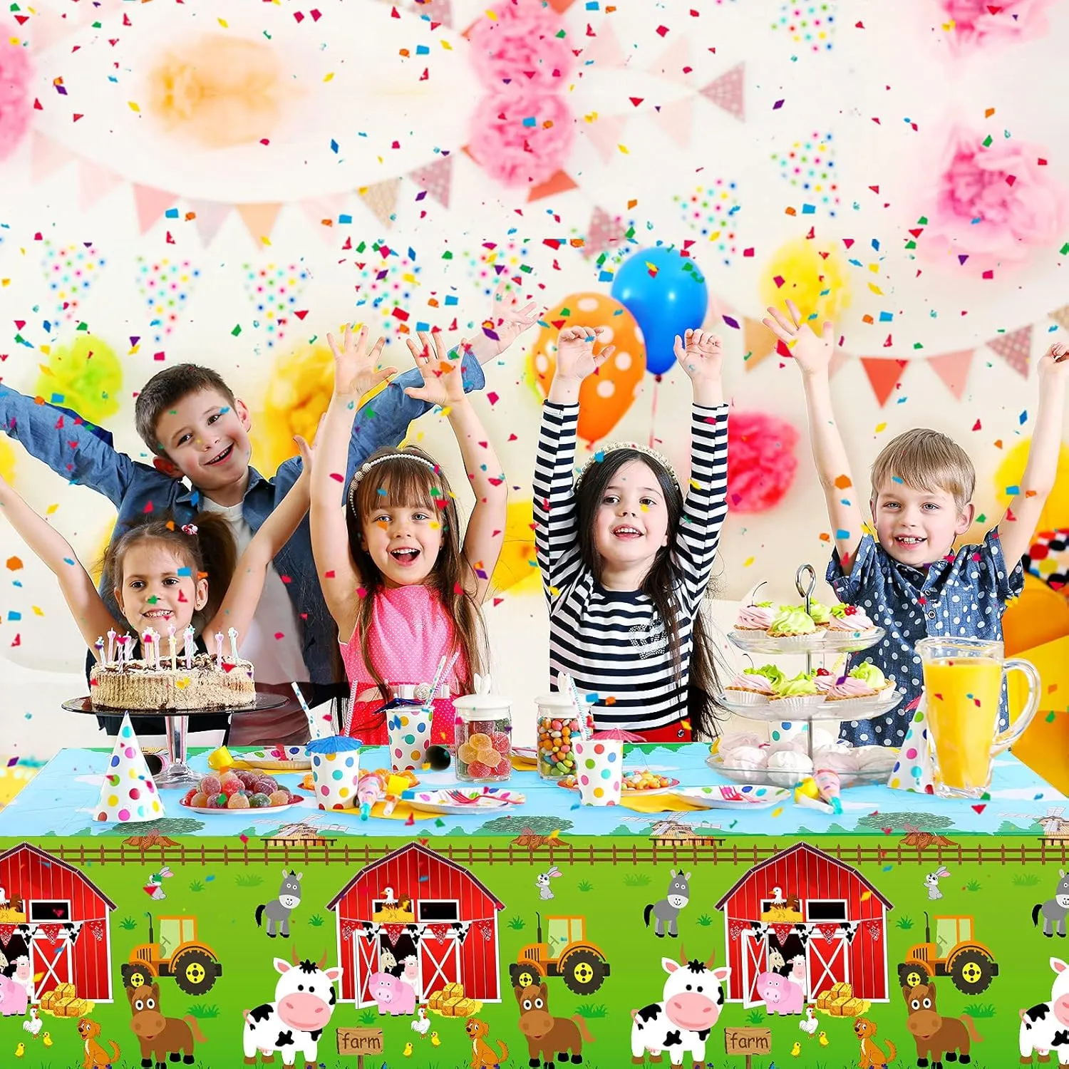 Kasyat Farm Animals Party Tablecloth Farmhouse Disposable Plastic Table Cover Barnyard Farm Animal Theme Party Decoration for Picnics Baby Shower Boys Girls Birthday Supplies, 108" x 54"(Red,6 Pieces)