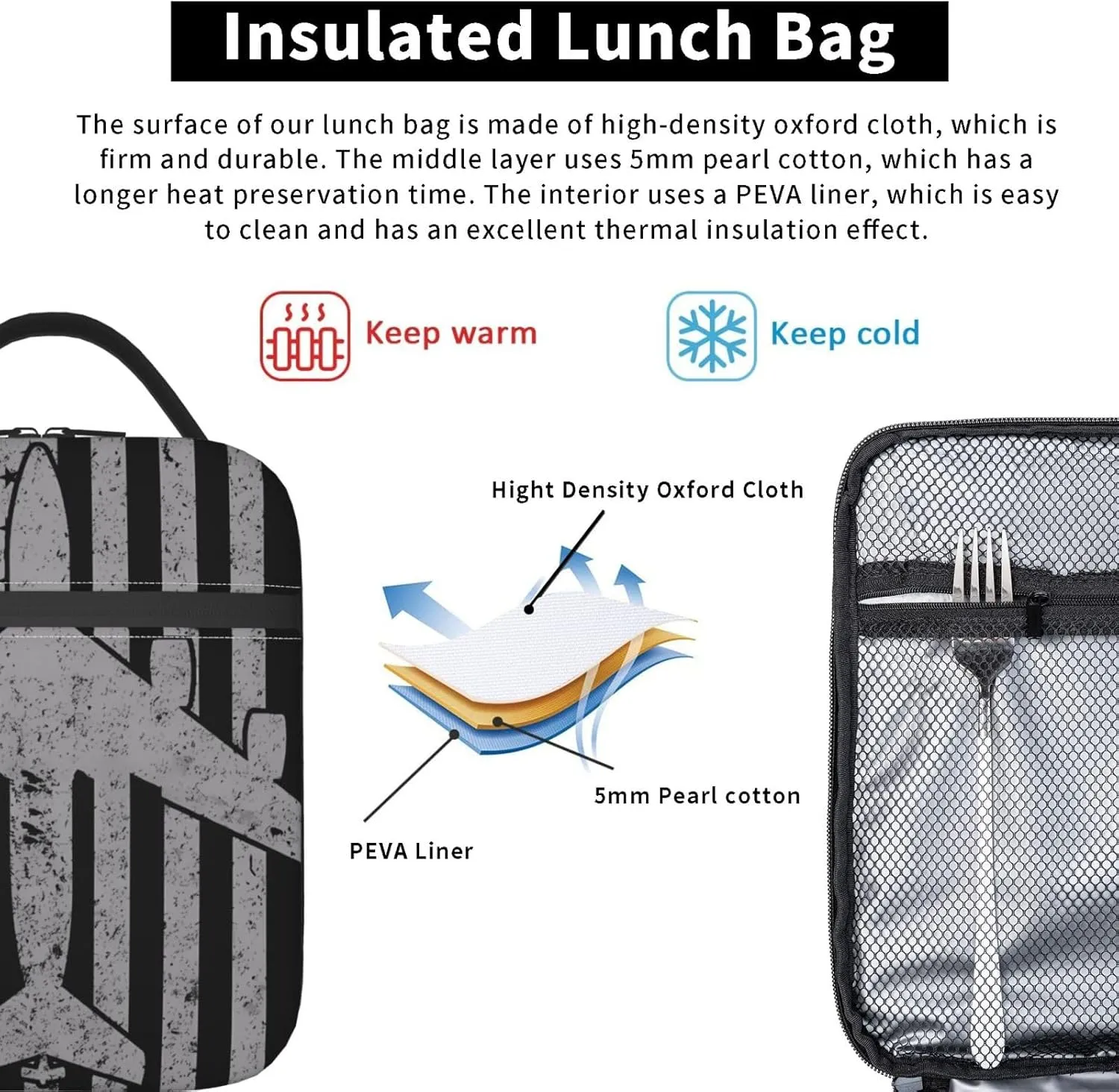 KC-135 Stratotanker Military Tanker Aircraft Vintage Flag Lunch Bag Insulated Lunch Box Reusable Tote Bags For Work Picnic Office Travel