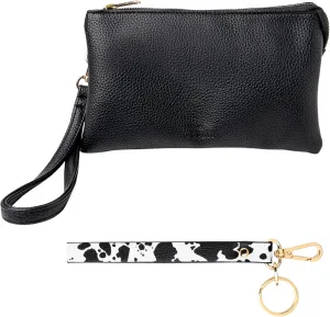KEDZIE Eclipse Vegan Leather Convertible Purse Wallet Crossbody Bag (Black) & Eclipse Vegan Leather Mix & Match Wristlet Strap (Deja Moo)