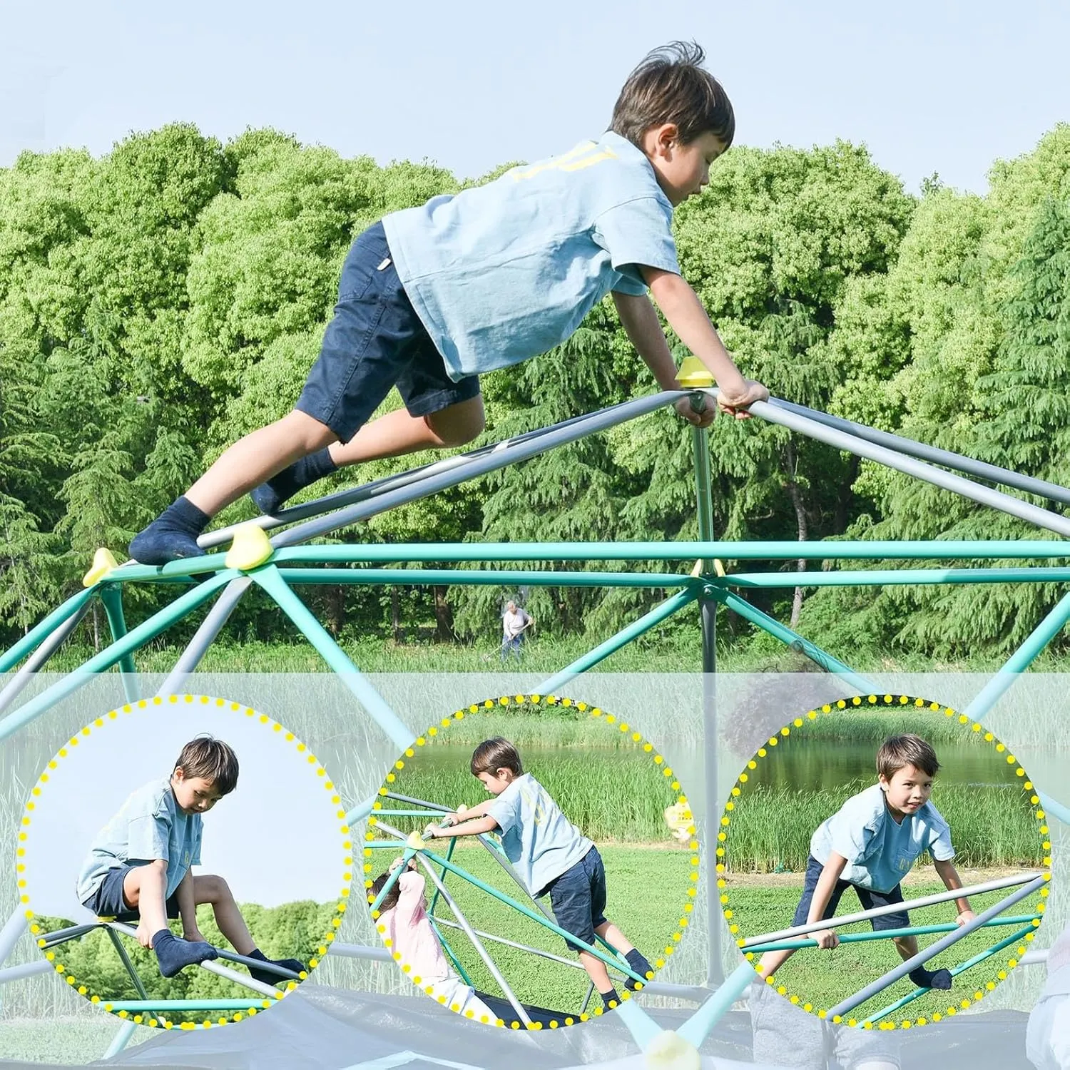 Kids Climbing Dome Tower - Geometric Playground Dome Climber Monkey Bars Play Center, Rust Resistant Steel, 1000 LBS Capacity,Green   Silver-13ft