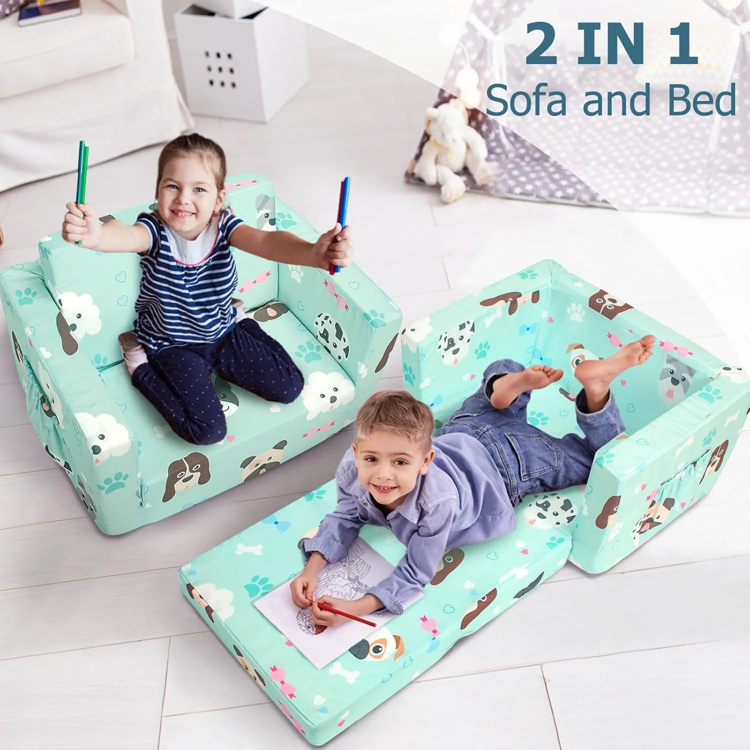 Kids Couch, 2-in-1 Kids Fold Out Sofa, Convertible Toddler Couch to Lounger for Girls and Boys, Soft Toddler Chairs Comfy 1-3 Years Old (Green Dog)