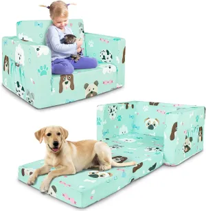 Kids Couch, 2-in-1 Kids Fold Out Sofa, Convertible Toddler Couch to Lounger for Girls and Boys, Soft Toddler Chairs Comfy 1-3 Years Old (Green Dog)