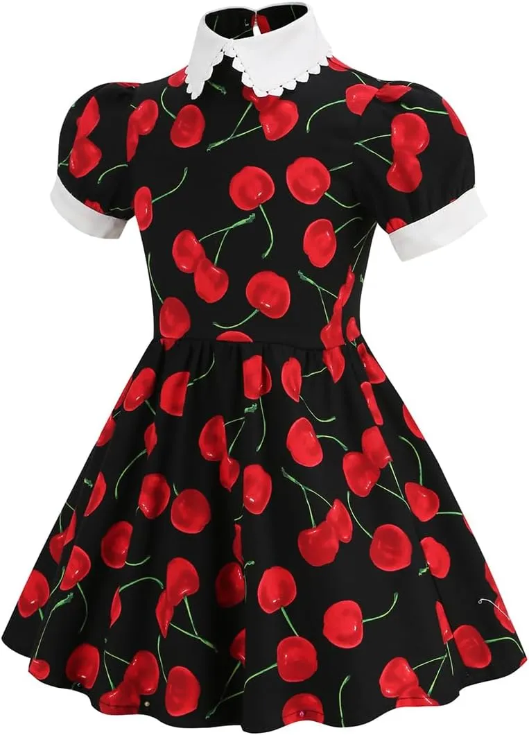 Kids Notch Lapel 50s Dress for Girls Vintage Retro 1950s Polka Dot Dress for Girls 50's Audrey Hepburn Rockabilly Swing Dress