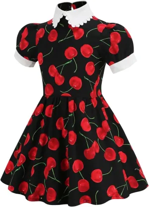 Kids Notch Lapel 50s Dress for Girls Vintage Retro 1950s Polka Dot Dress for Girls 50's Audrey Hepburn Rockabilly Swing Dress