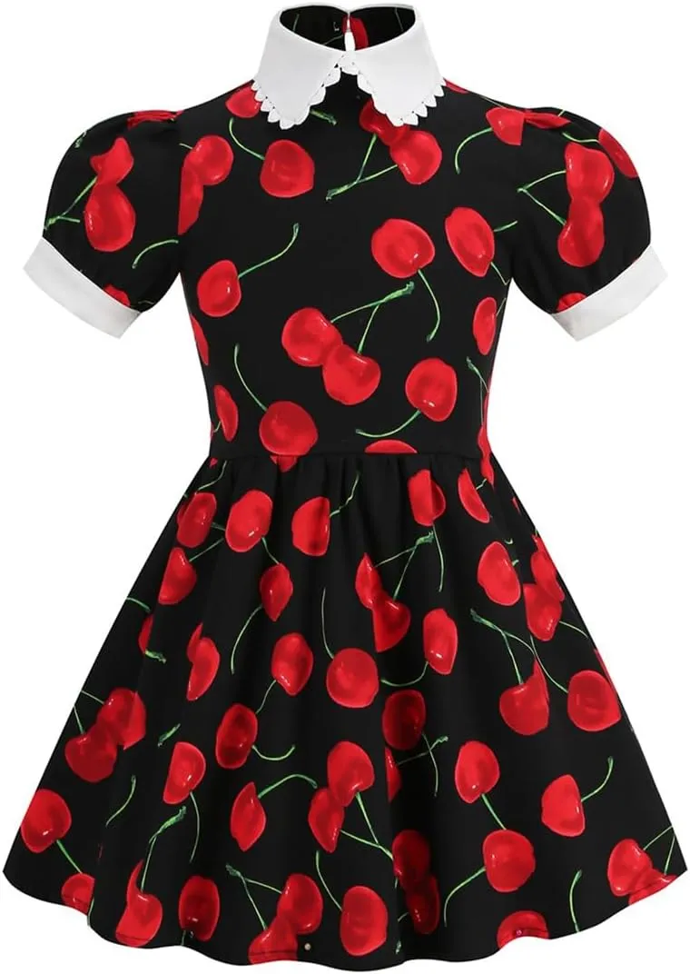 Kids Notch Lapel 50s Dress for Girls Vintage Retro 1950s Polka Dot Dress for Girls 50's Audrey Hepburn Rockabilly Swing Dress