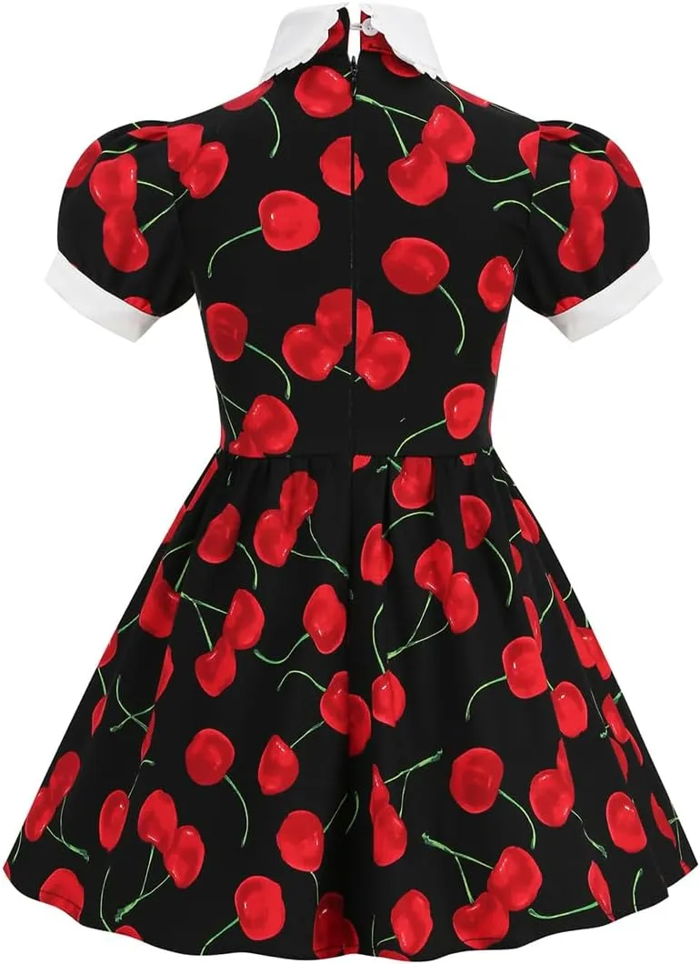 Kids Notch Lapel 50s Dress for Girls Vintage Retro 1950s Polka Dot Dress for Girls 50's Audrey Hepburn Rockabilly Swing Dress