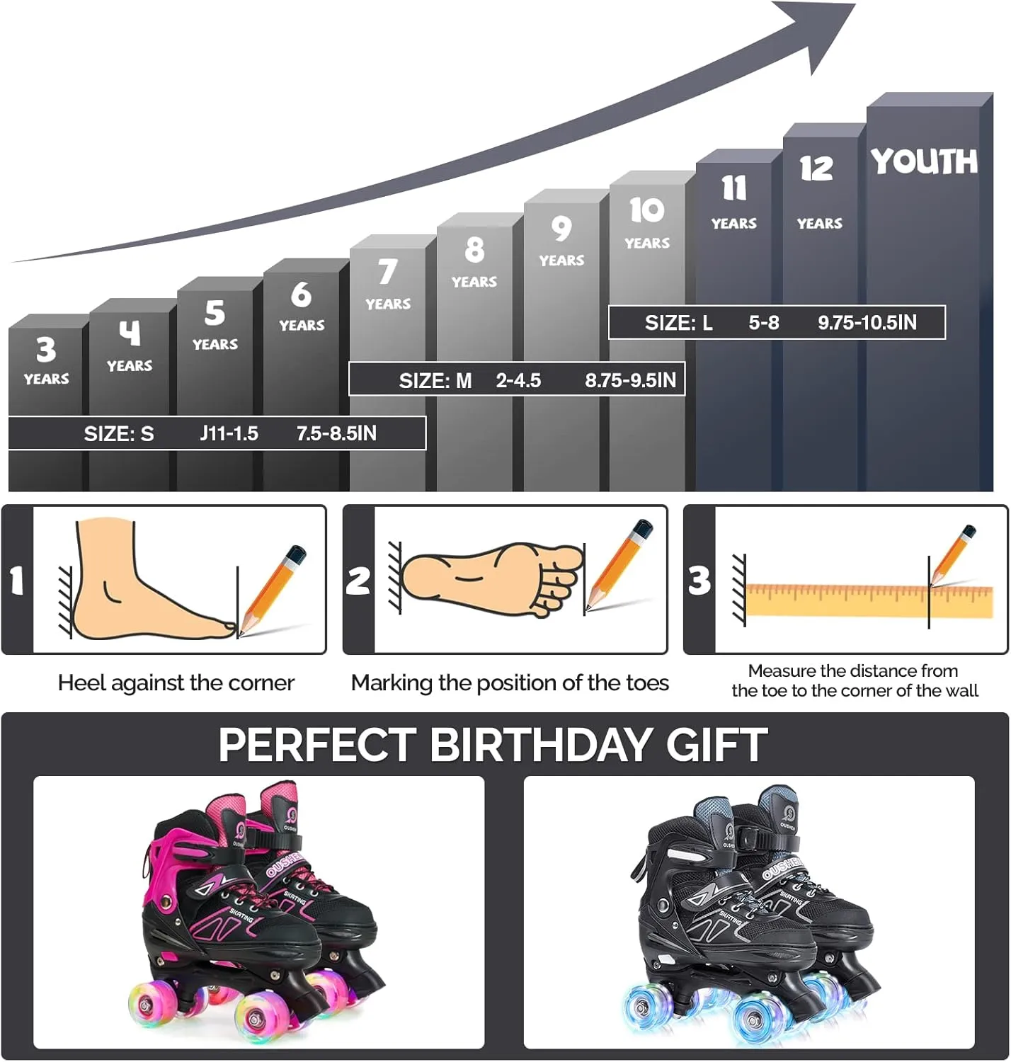 Kids Roller Skates, Adjustable Size Girl Roller Skates for Kids Beginner, Toddlers Roller Skate with 8 Light Up Wheels, Outdoor Roller Skating for Boys, Girls, Skating Shoes for Ages 3-12