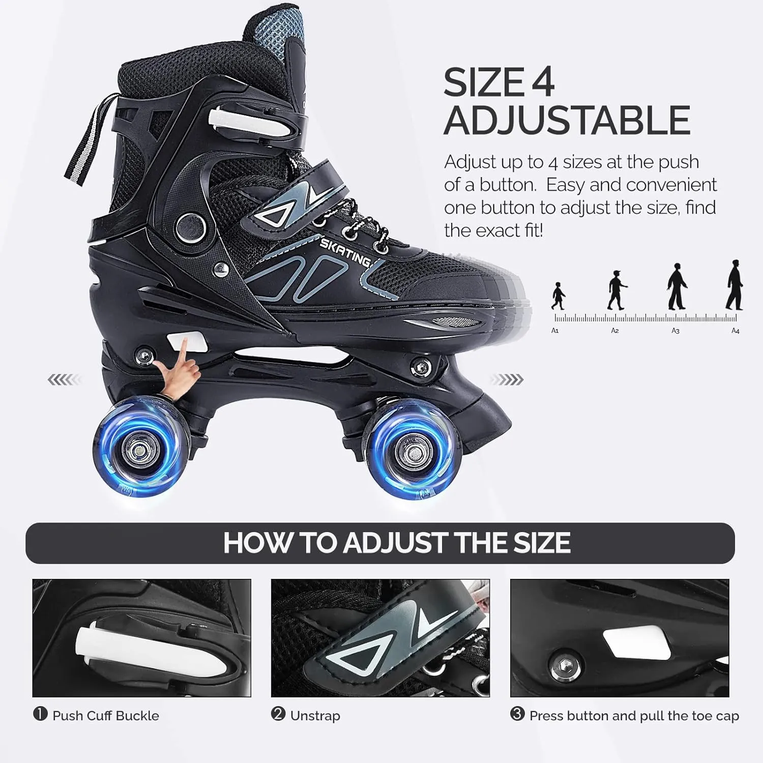Kids Roller Skates, Adjustable Size Girl Roller Skates for Kids Beginner, Toddlers Roller Skate with 8 Light Up Wheels, Outdoor Roller Skating for Boys, Girls, Skating Shoes for Ages 3-12