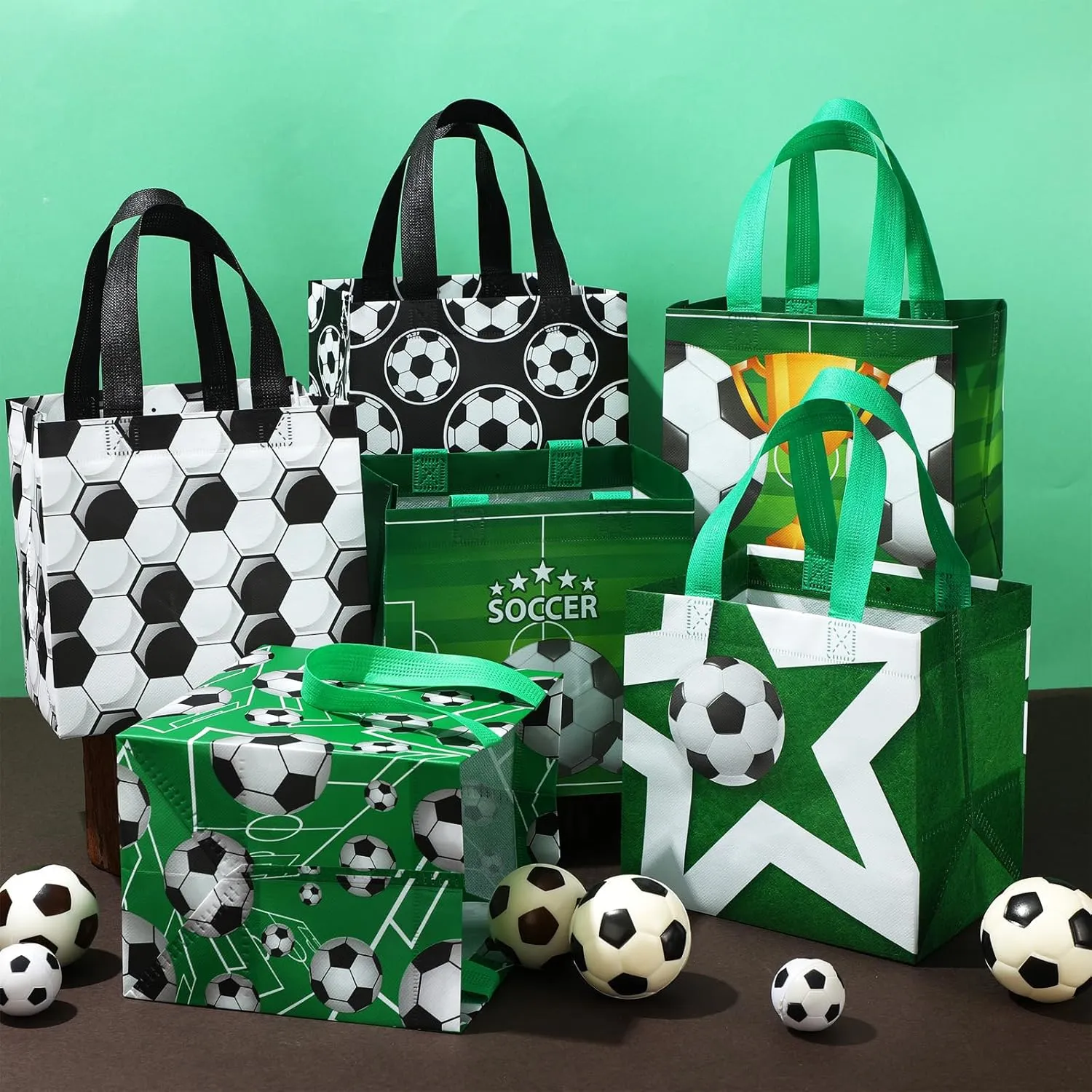 Kigeli 60 Pcs Soccer Party Gift Bags Reusable Non Woven Gift Soccer Goodie Treat Snack Candy Bags with Handles for Team Party Birthday Supplies