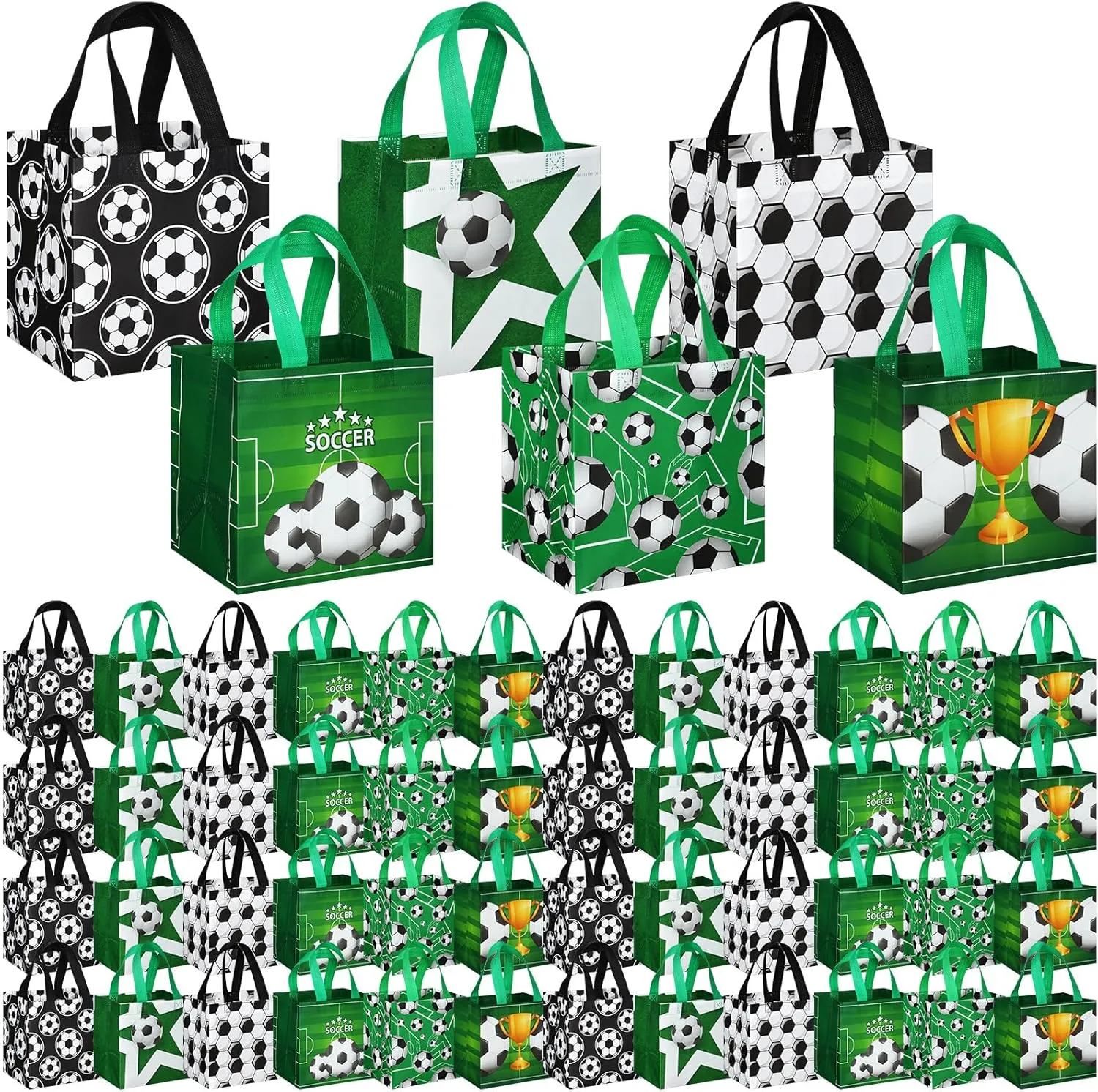Kigeli 60 Pcs Soccer Party Gift Bags Reusable Non Woven Gift Soccer Goodie Treat Snack Candy Bags with Handles for Team Party Birthday Supplies