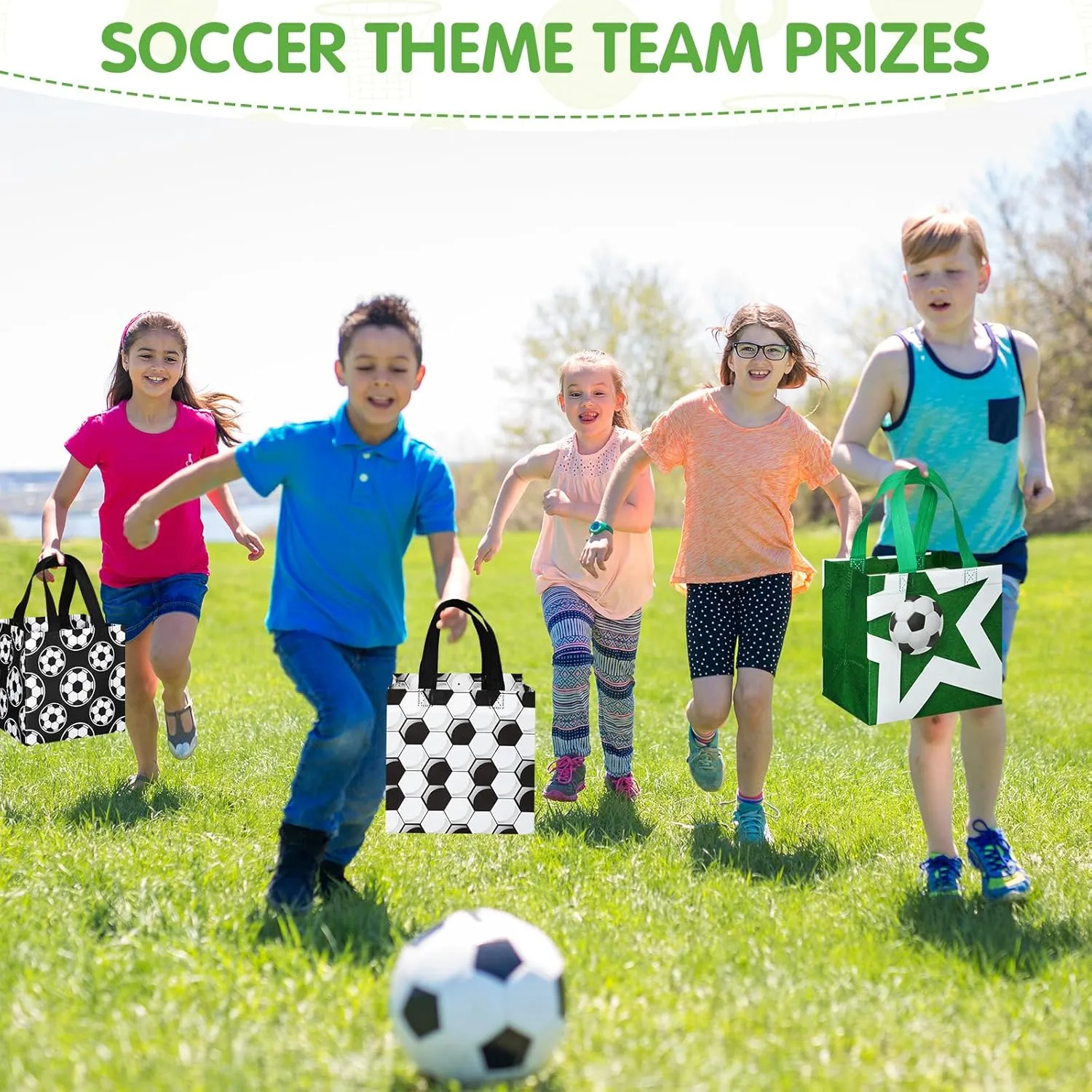 Kigeli 60 Pcs Soccer Party Gift Bags Reusable Non Woven Gift Soccer Goodie Treat Snack Candy Bags with Handles for Team Party Birthday Supplies