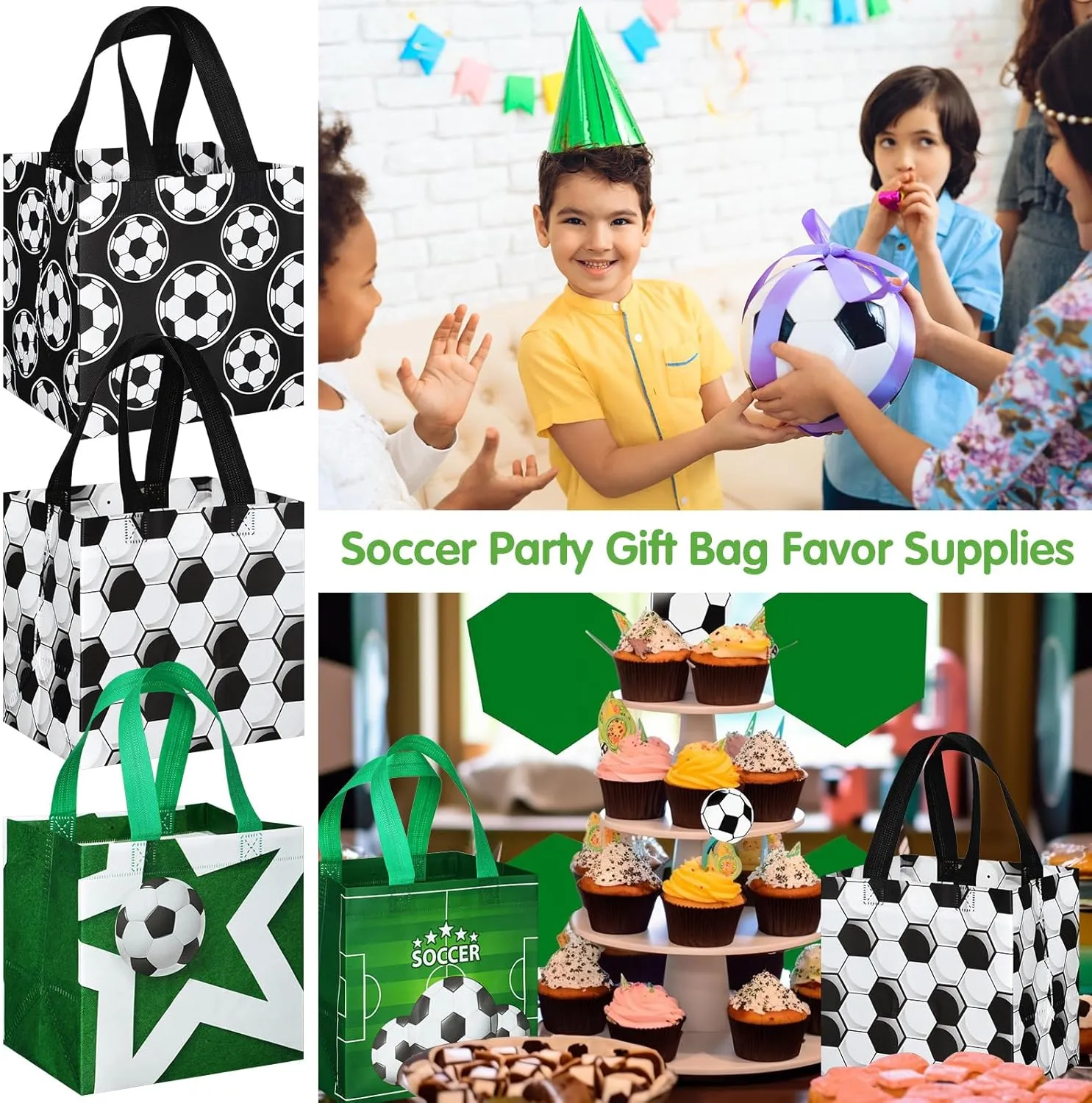 Kigeli 60 Pcs Soccer Party Gift Bags Reusable Non Woven Gift Soccer Goodie Treat Snack Candy Bags with Handles for Team Party Birthday Supplies