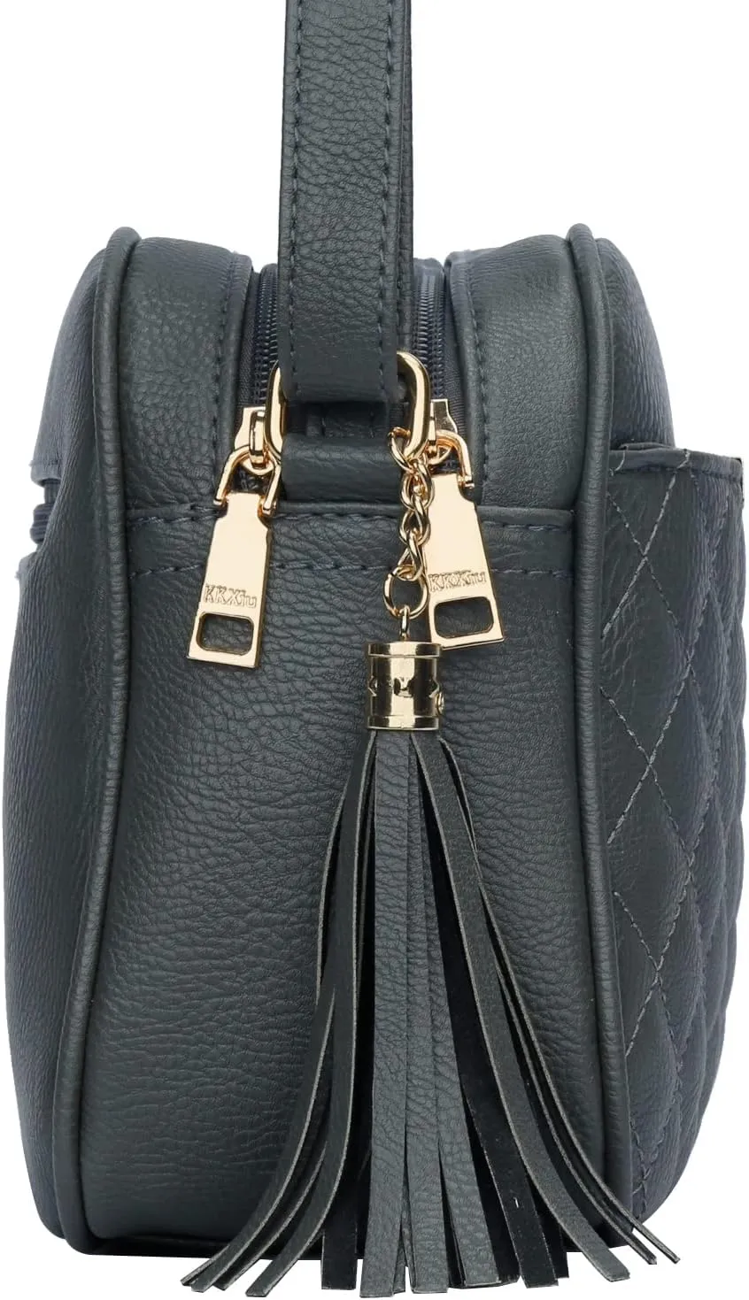 KKXIU Quilted Double Compartment Multiple Pocket Crossbody Bag for Women and Teen Girls Stylish Shoulder Purse with Tassel