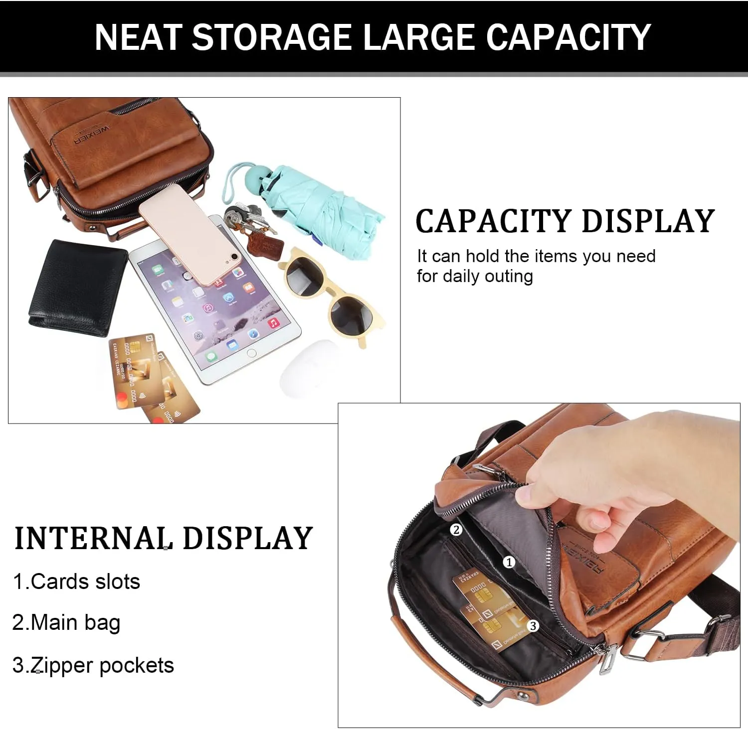 KUANG! Men's Shoulder Bag PU Leather Business Messenger Bag Briefcase Travel Crossbody Multi Pockets Handbag Purse