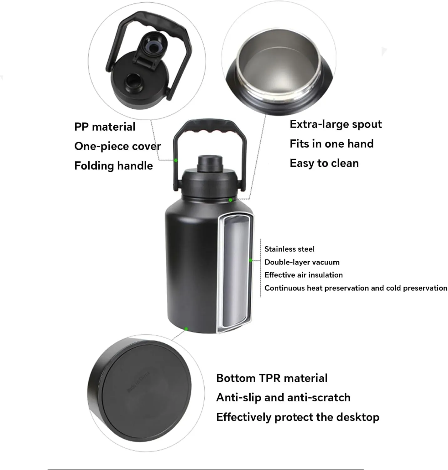 Large Capacity Insulated Cooling Water Bottle 134oz with Folding Handle Large Outdoor Portable Water Bottle with Large Mouth for Easy Cleaning, Insulated Mug for Outdoor Travel Picnic
