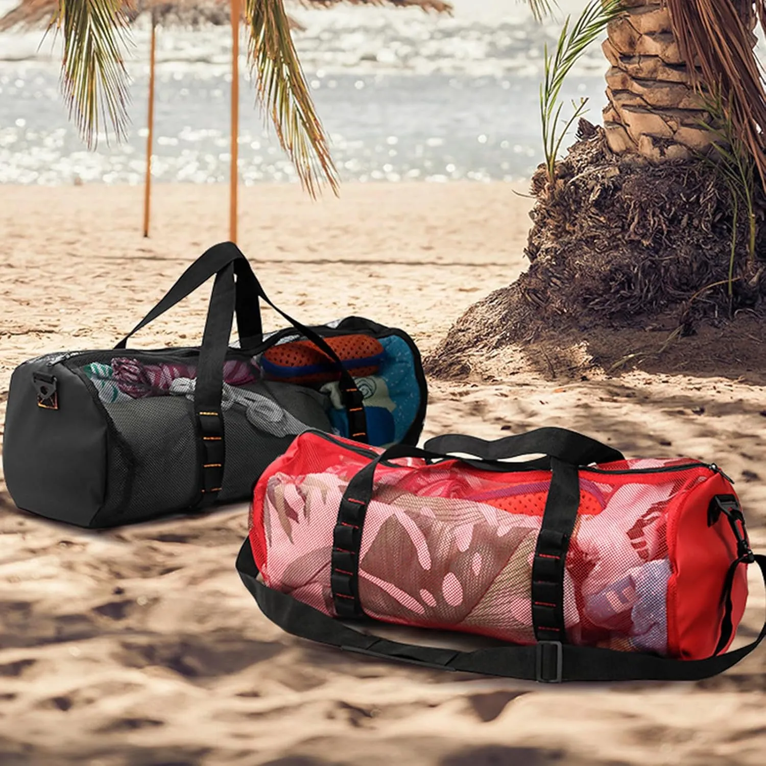 Large Capacity Meshes Duffels Gear Bag Scubas Diving Snorkeling Equipment Storage Bag Tear-Resistant Nylon Duffels Bag, Red Color