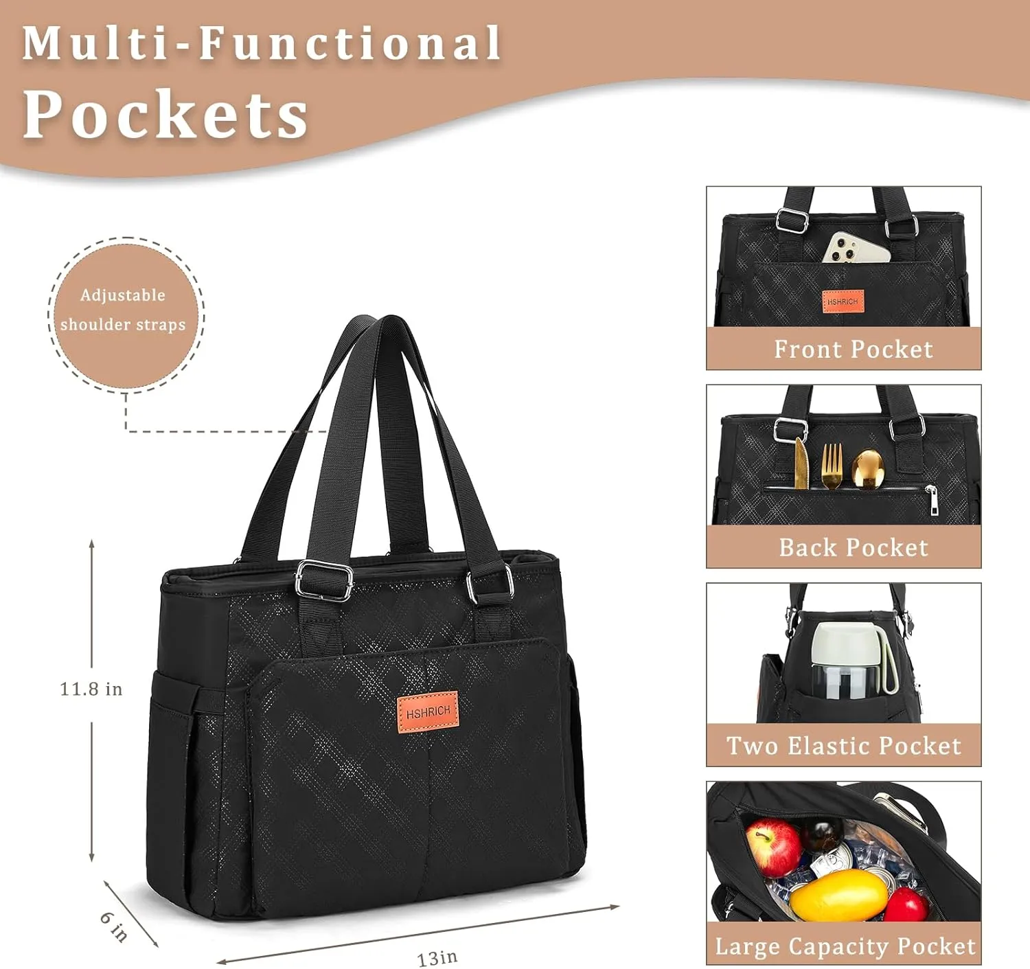 Large Women Lunch Bags for Work/Insulated Cooler Lunch Box with Side Pockets, 14L Capacity, Black