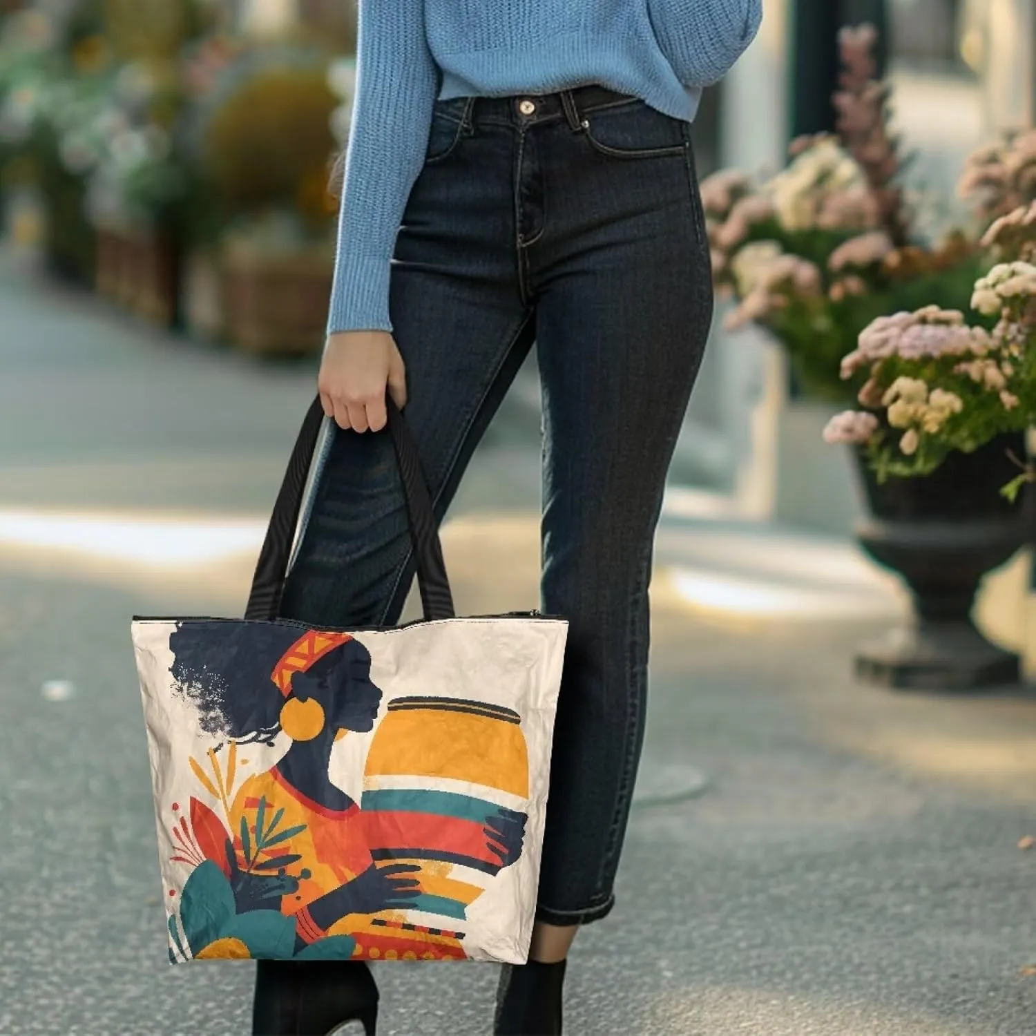 Large Zipper Tote Bag for Gym Work, Holiday Theme Recycle Paper Tote Bags with Handles Reusable Grocery Bag