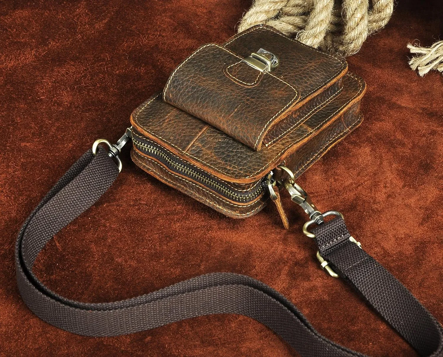 Le'aokuu Mens Genuine Leather Fanny Messenger Shoulder Satchel Waist Bag Pack