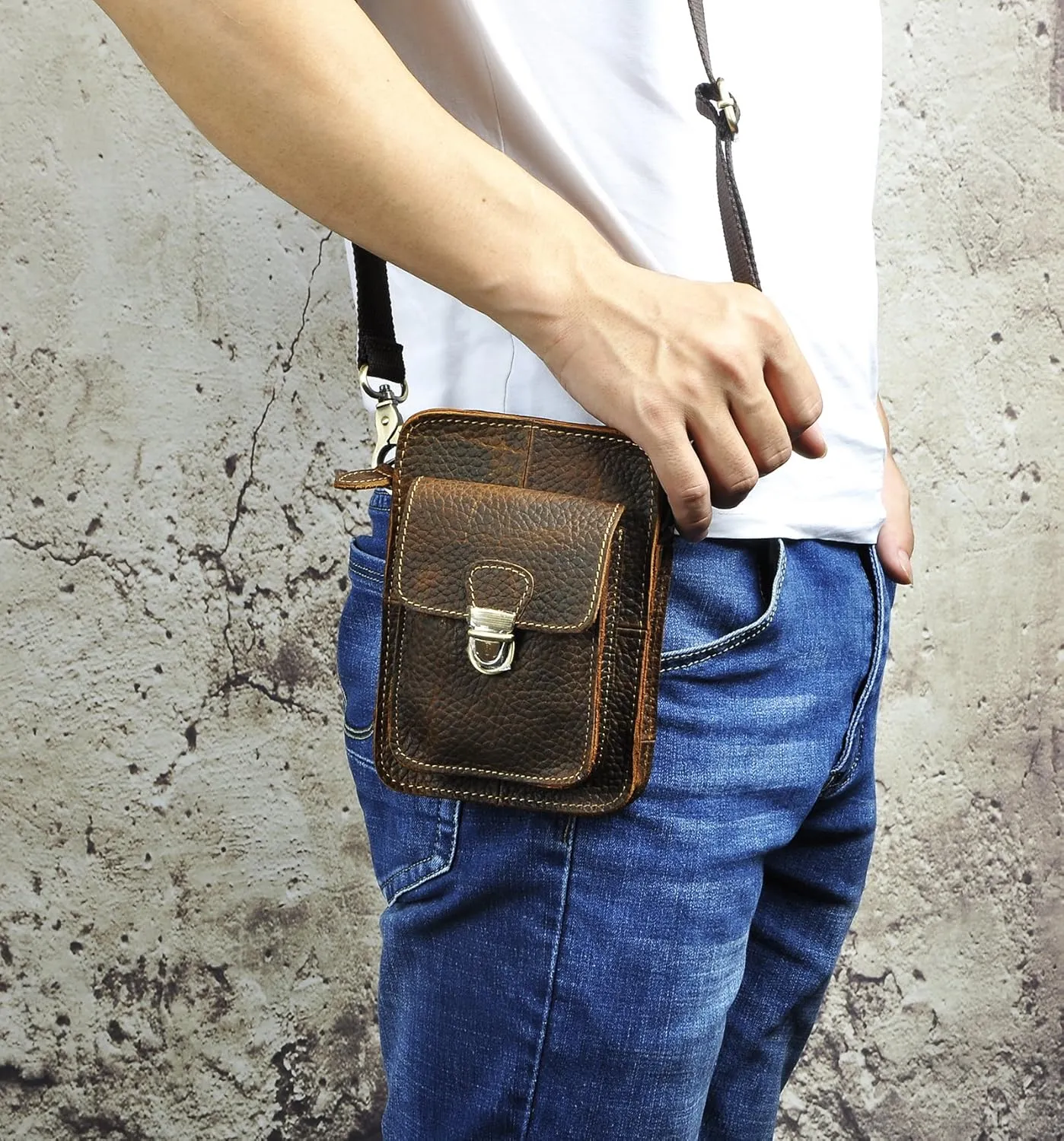 Le'aokuu Mens Genuine Leather Fanny Messenger Shoulder Satchel Waist Bag Pack