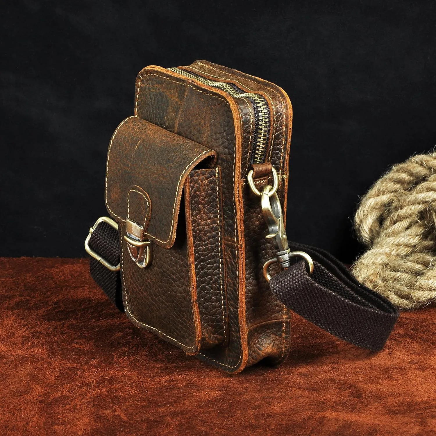 Le'aokuu Mens Genuine Leather Fanny Messenger Shoulder Satchel Waist Bag Pack