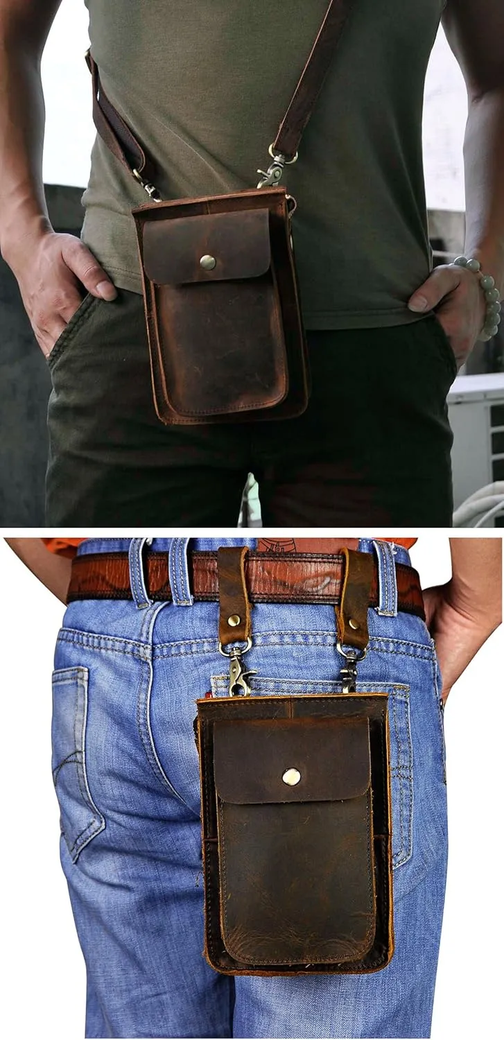 Le'aokuu Mens Genuine Leather Fanny Messenger Shoulder Satchel Waist Bag Pack