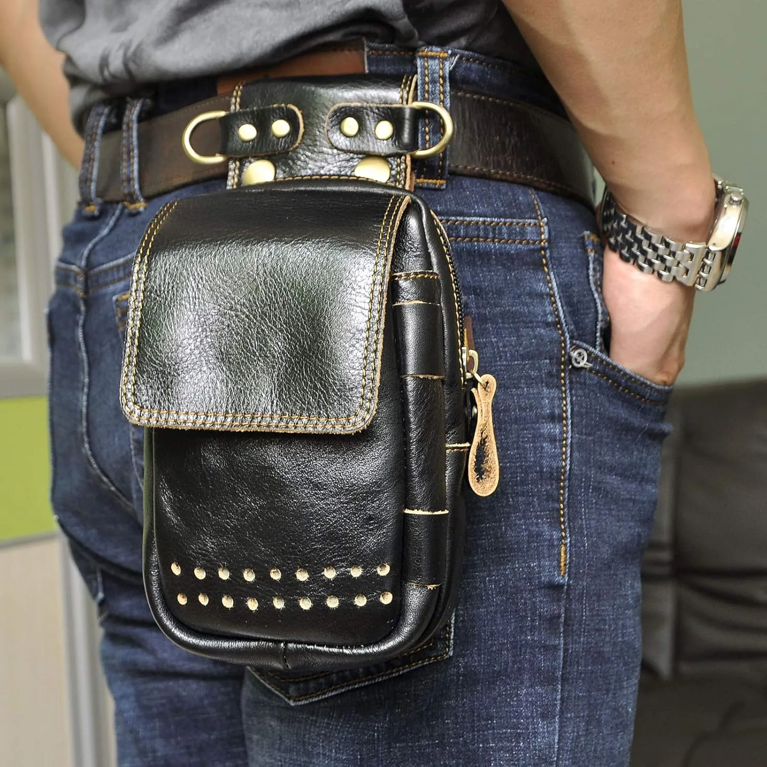 Le'aokuu Mens Genuine Leather Small Messenger Shoulder Satchel Phone Pouch Belt Fanny Waist Bag Pack