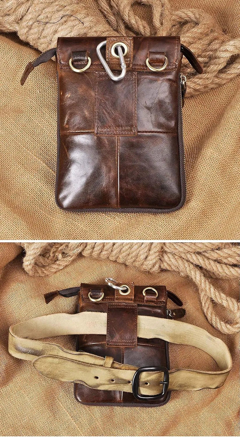 Le'aokuu Mens Genuine Leather Small Messenger Shoulder Satchel Phone Pouch Belt Fanny Waist Bag Pack