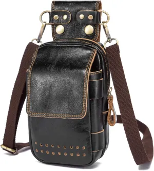 Le'aokuu Mens Genuine Leather Small Messenger Shoulder Satchel Phone Pouch Belt Fanny Waist Bag Pack
