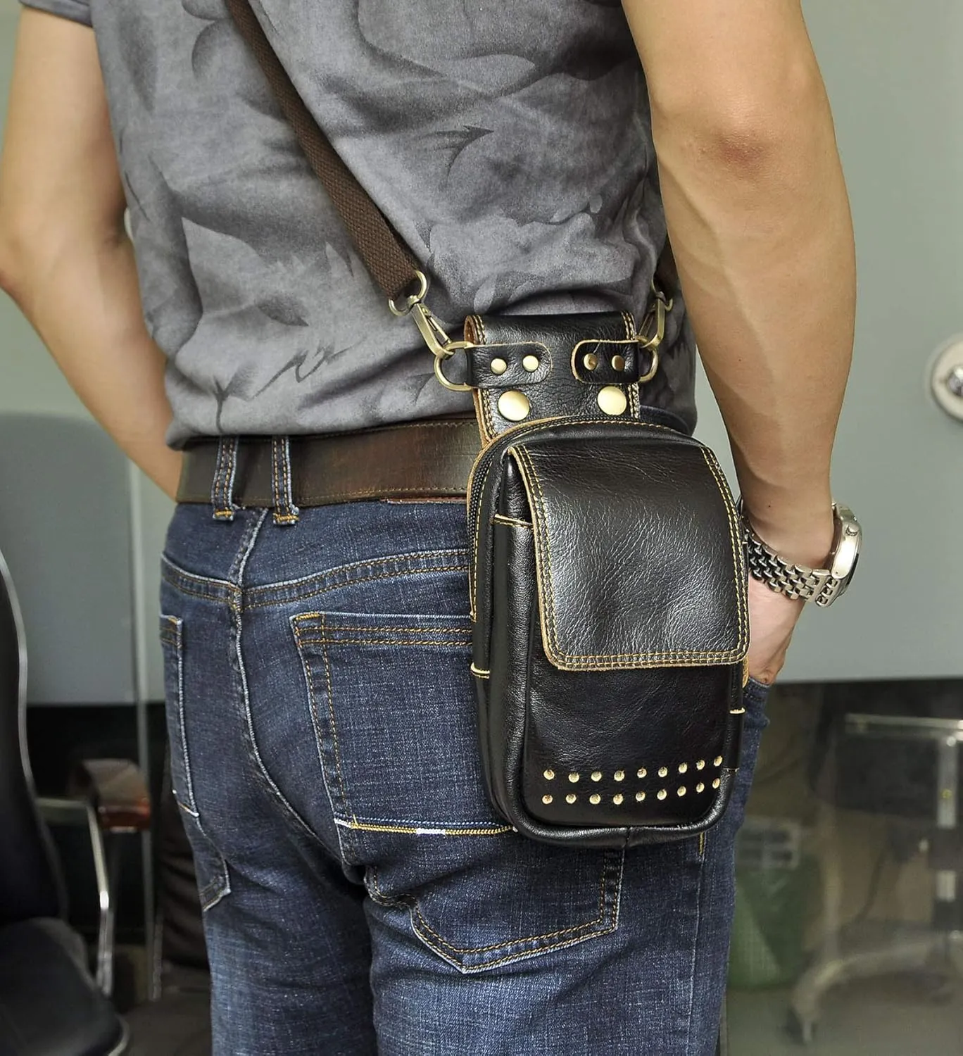 Le'aokuu Mens Genuine Leather Small Messenger Shoulder Satchel Phone Pouch Belt Fanny Waist Bag Pack