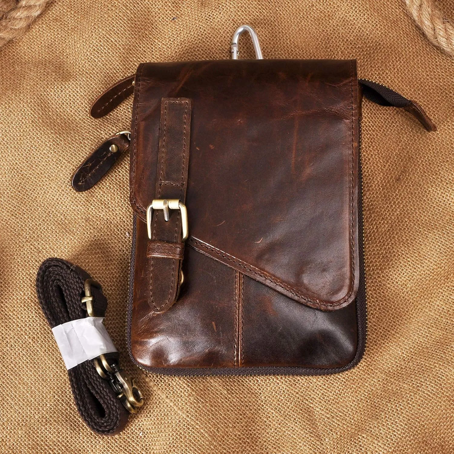 Le'aokuu Mens Genuine Leather Small Messenger Shoulder Satchel Phone Pouch Belt Fanny Waist Bag Pack