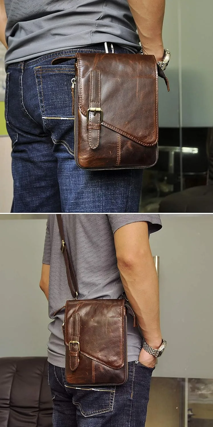 Le'aokuu Mens Genuine Leather Small Messenger Shoulder Satchel Phone Pouch Belt Fanny Waist Bag Pack