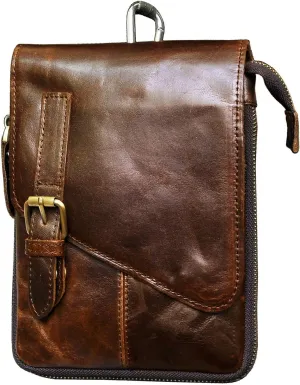 Le'aokuu Mens Genuine Leather Small Messenger Shoulder Satchel Phone Pouch Belt Fanny Waist Bag Pack